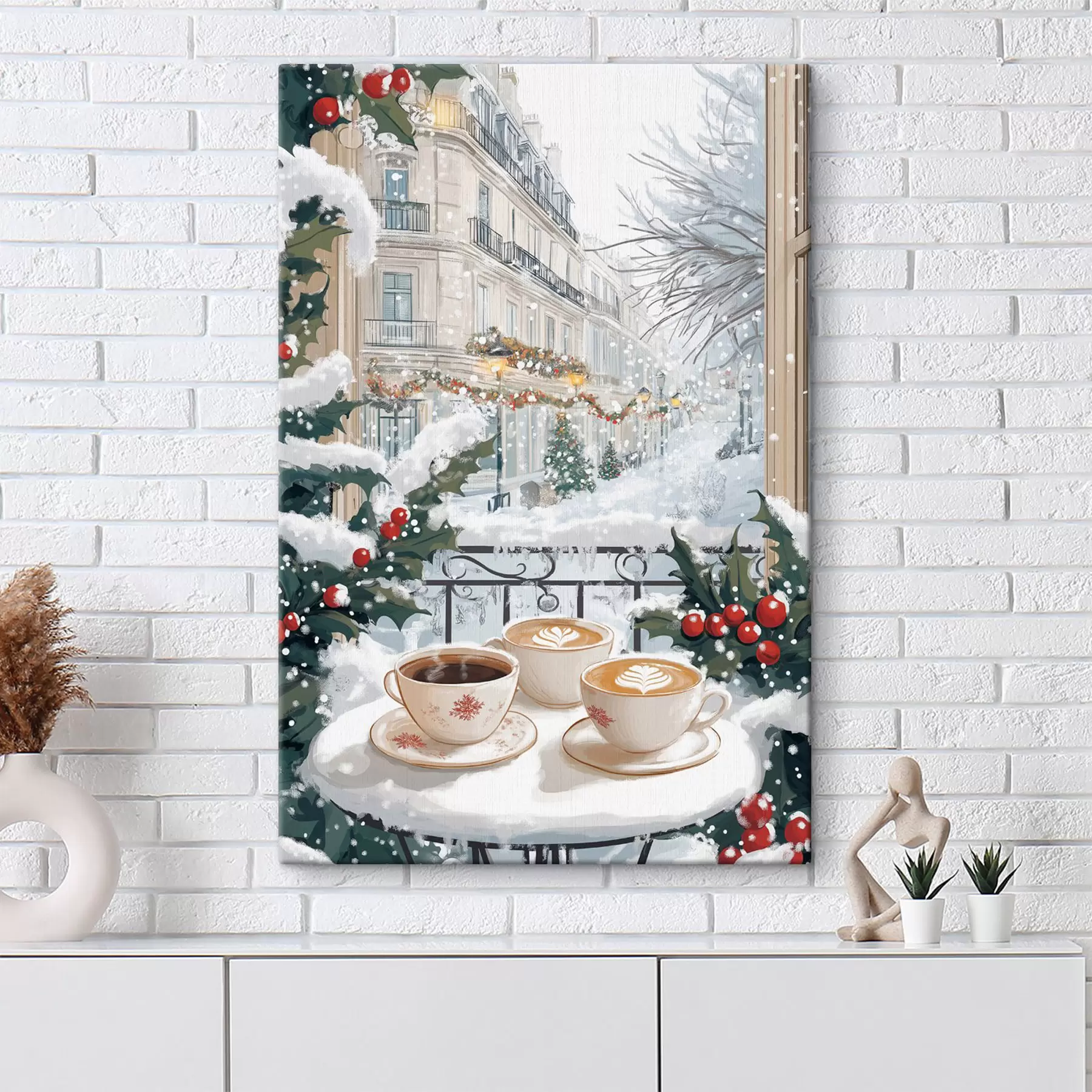 Fototapete Winterästhetik, Tassen Kaffee, Restaurant, Stadtstraße s42794
