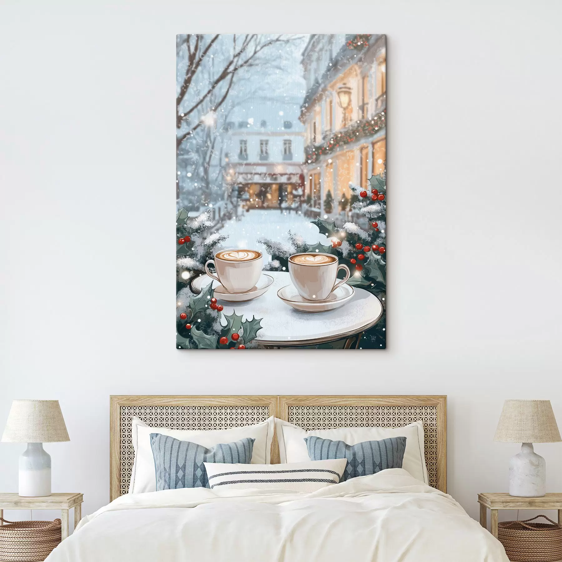 Fototapete Tassen Kaffee im gemütlichen Cafe, Winterästhetik, Boho-Stil s42797