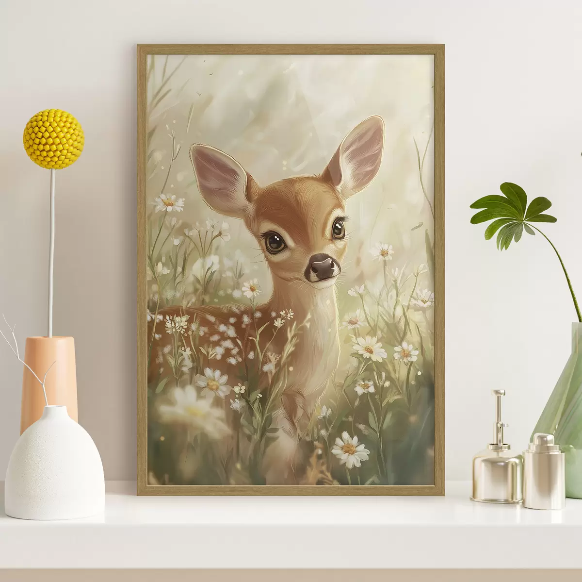 Poster Niedliches Reh auf der Wiese mit Gänseblümchen, Zeichnung in Öl f42780