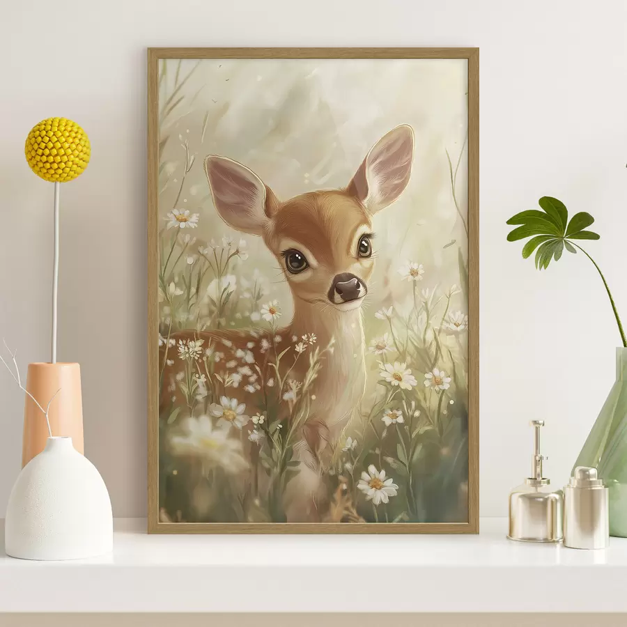 Fototapete Niedliches Reh auf der Wiese mit Gänseblümchen, Zeichnung in Öl f42780