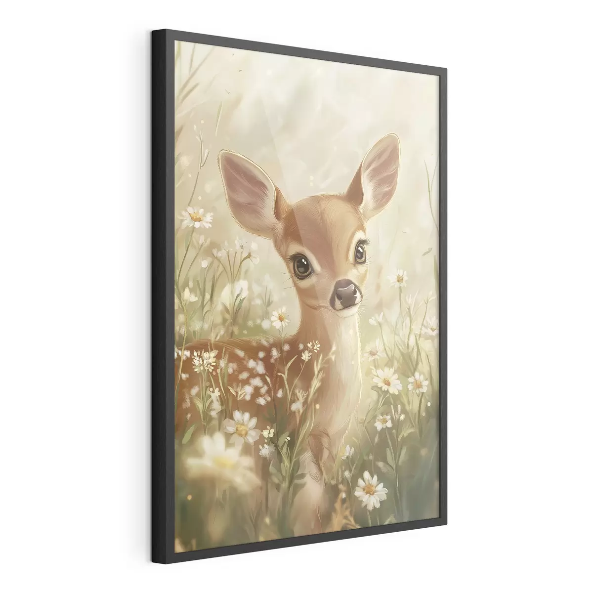 Poster Niedliches Reh auf der Wiese mit Gänseblümchen, Zeichnung in Öl f42780