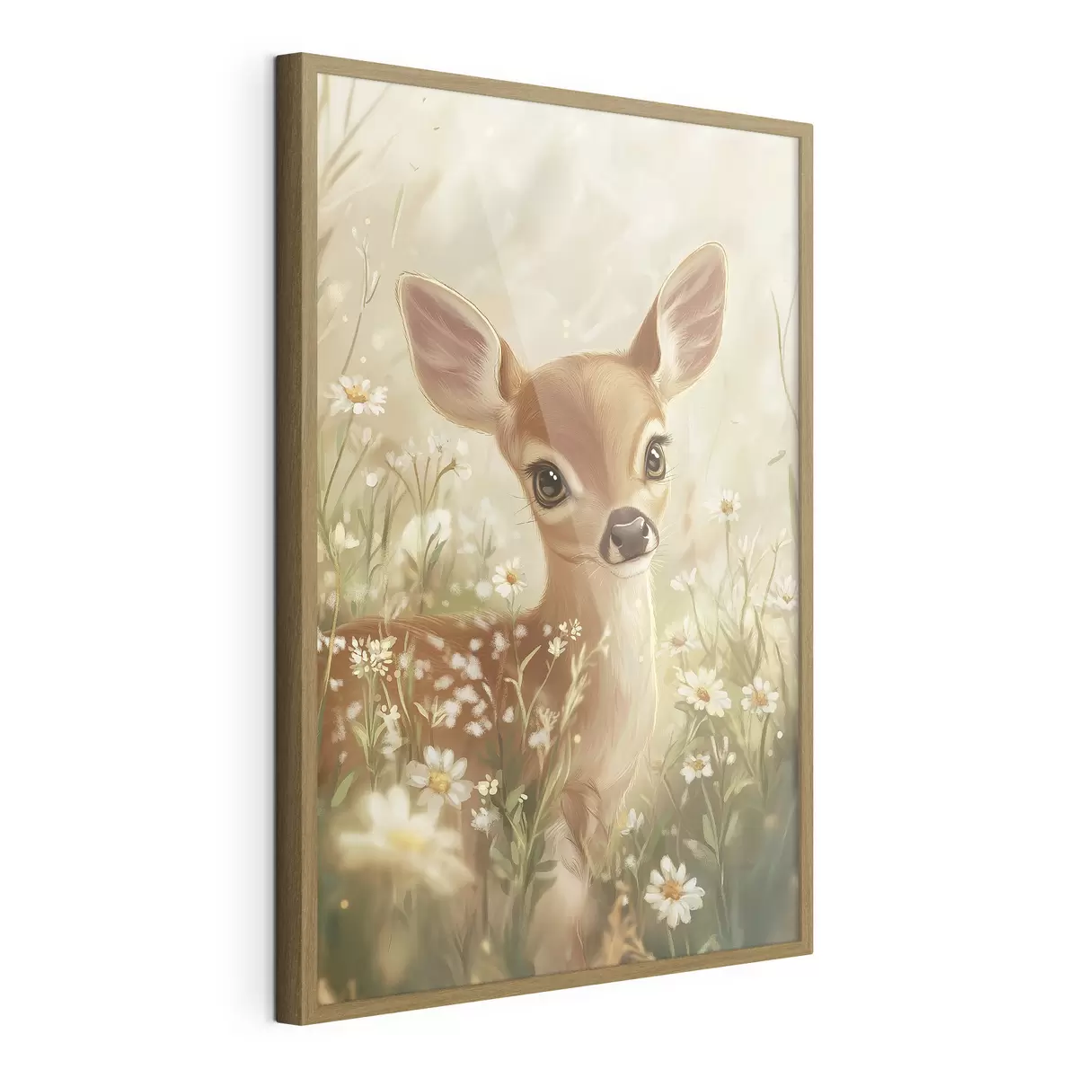 Poster Niedliches Reh auf der Wiese mit Gänseblümchen, Zeichnung in Öl f42780