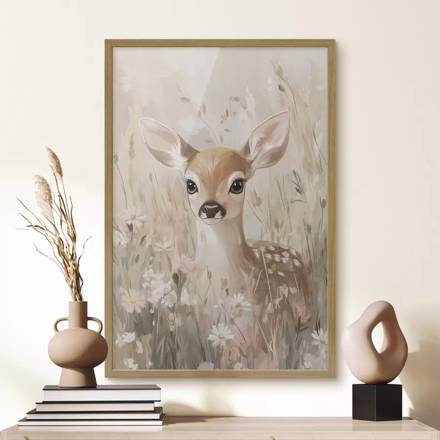 Fototapete Kleines Reh auf der Sommerwiese, Acryl-Stil drawimg, Pastell rosa und beige Farben f42781