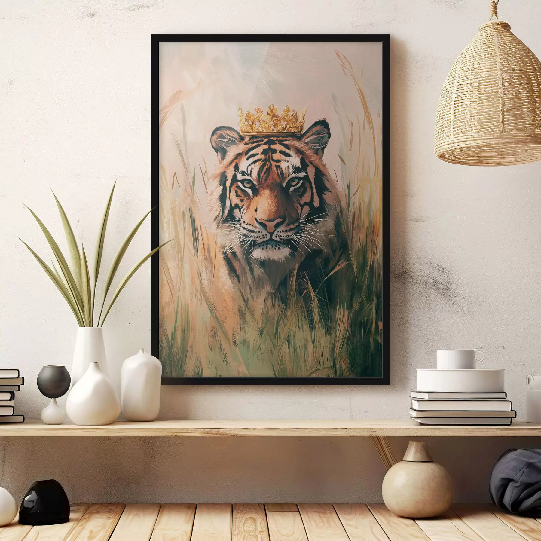 Fototapete Tiger auf der Wiese mit Gras, goldene Krone, Acryl-Stil Zeichnung f42783