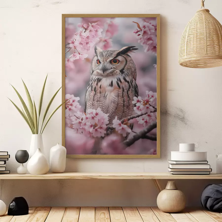 Fototapete Schöne Eule auf dem Zweig eines Kirschbaums, Natur, Realismus f42784
