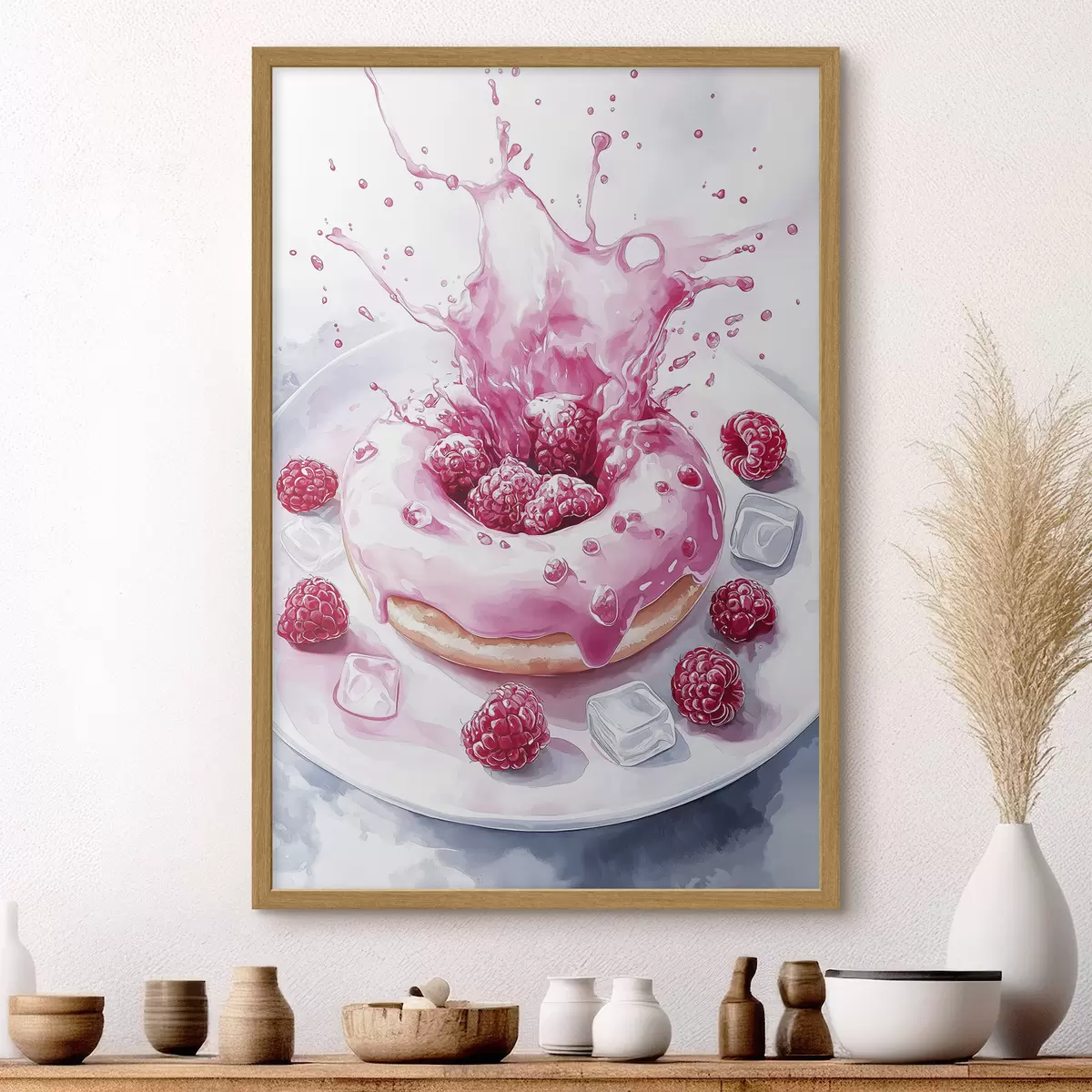Poster Leckerer Donut auf dem Teller, prickelnde Sahne, Himbeeren, Eis f42788