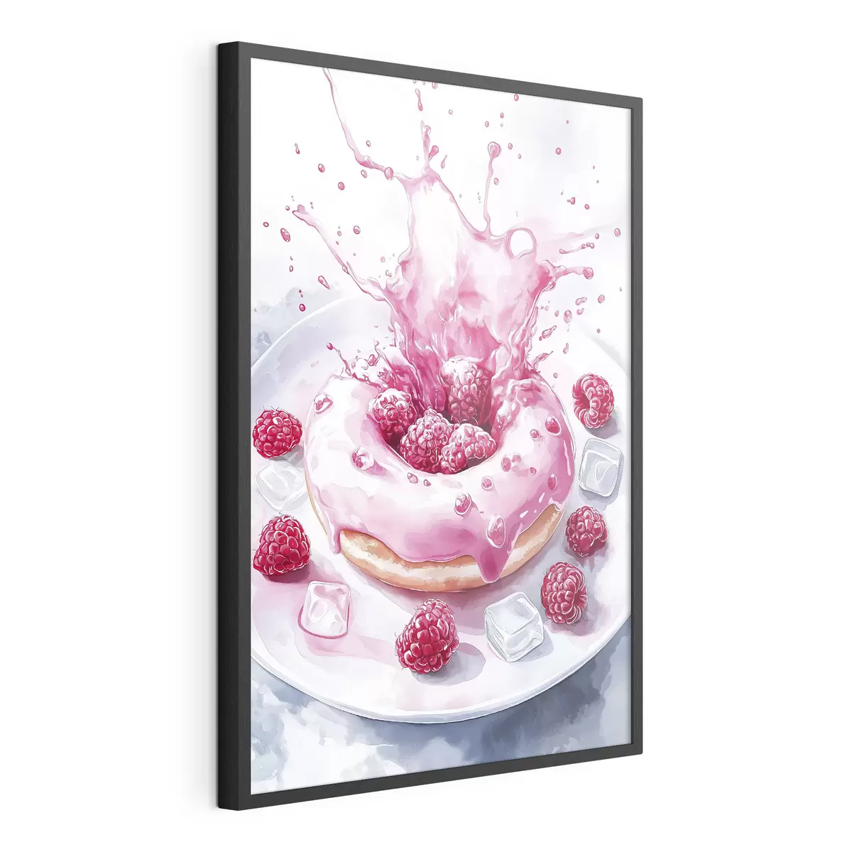Poster Leckerer Donut auf dem Teller, prickelnde Sahne, Himbeeren, Eis f42788