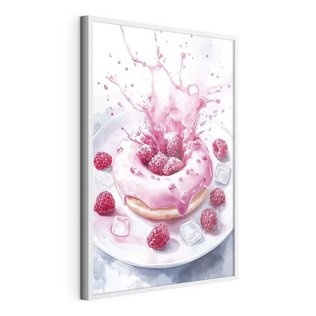 Poster Leckerer Donut auf dem Teller, prickelnde Sahne, Himbeeren, Eis f42788