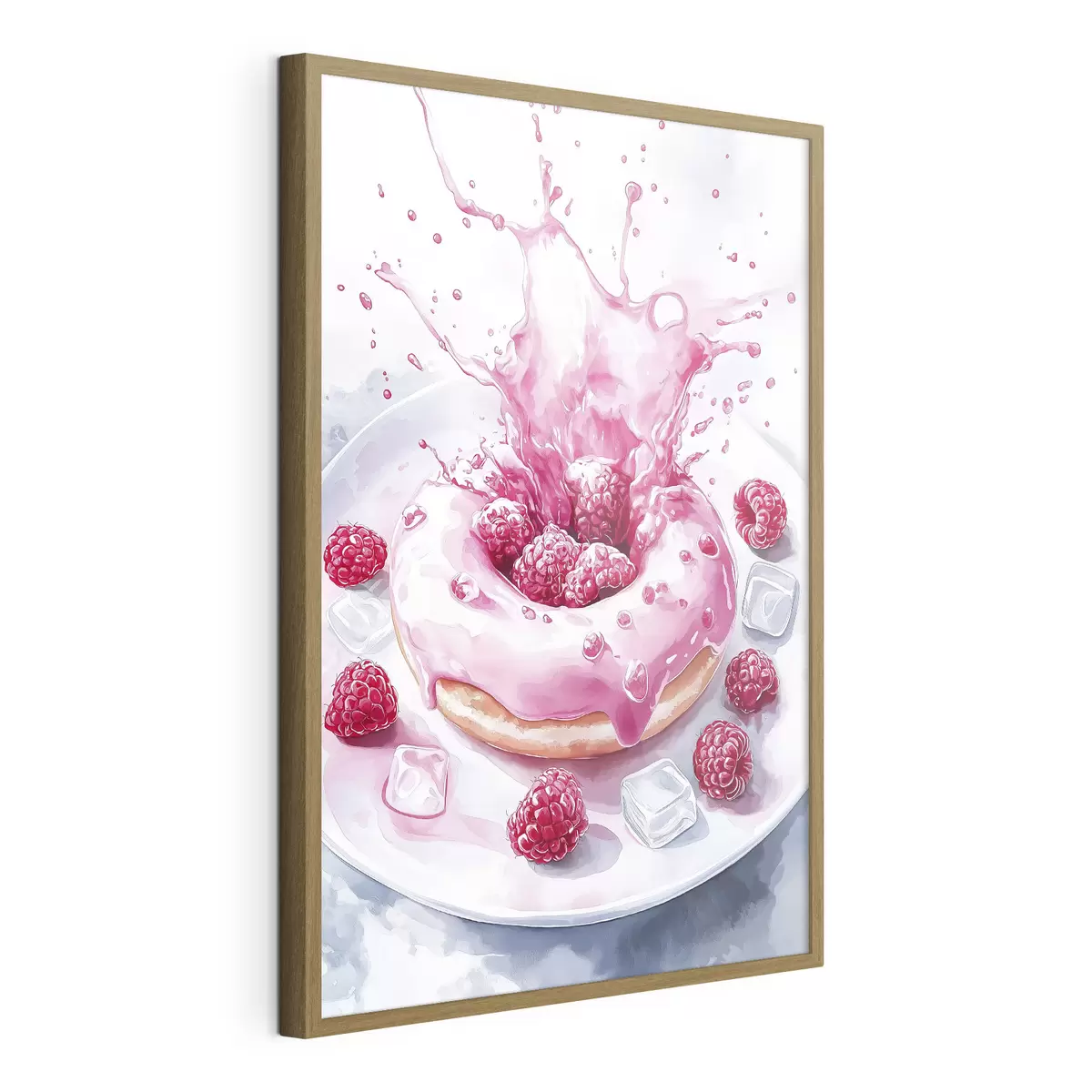 Poster Leckerer Donut auf dem Teller, prickelnde Sahne, Himbeeren, Eis f42788