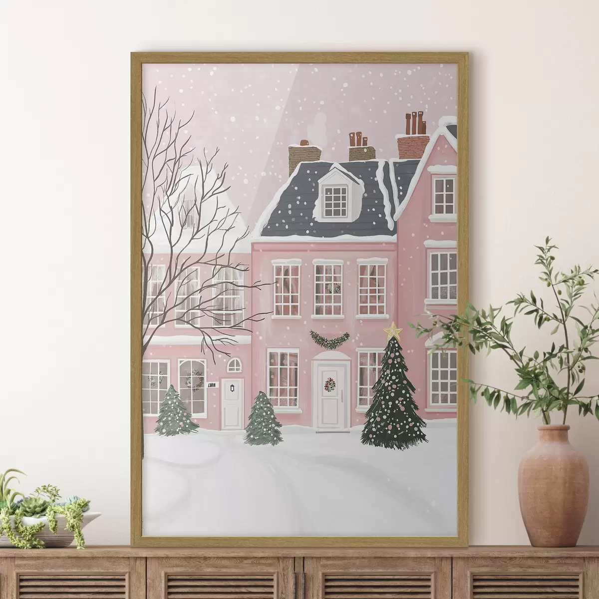 Poster Hübsche rosa Häuser, Kiefern, Winterlandschaften f42791