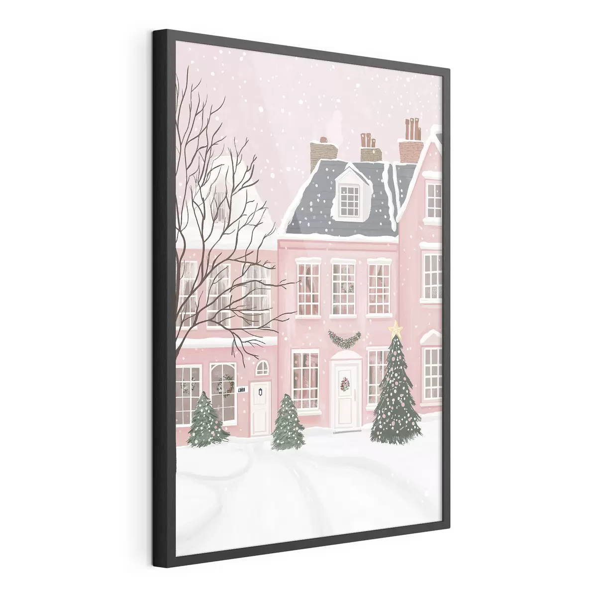 Poster Hübsche rosa Häuser, Kiefern, Winterlandschaften f42791