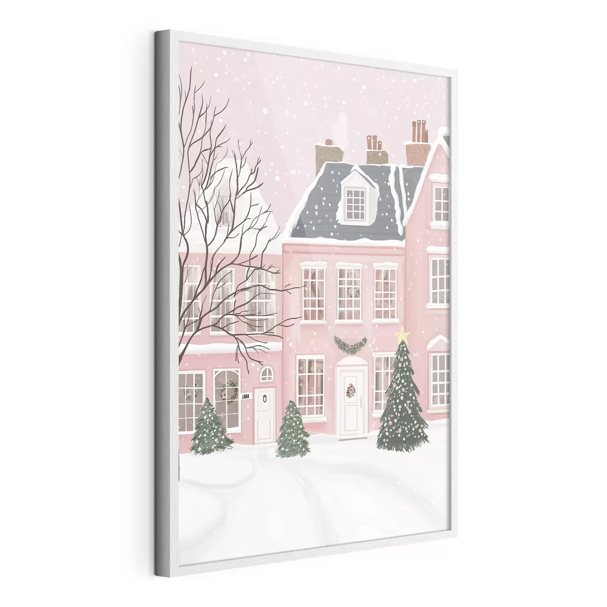 Poster Hübsche rosa Häuser, Kiefern, Winterlandschaften f42791