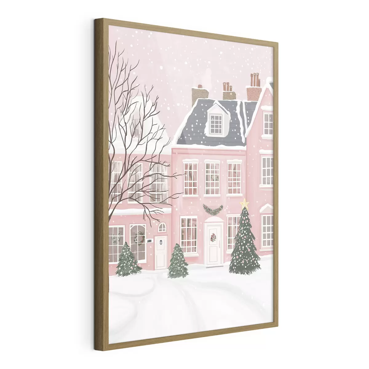 Poster Hübsche rosa Häuser, Kiefern, Winterlandschaften f42791