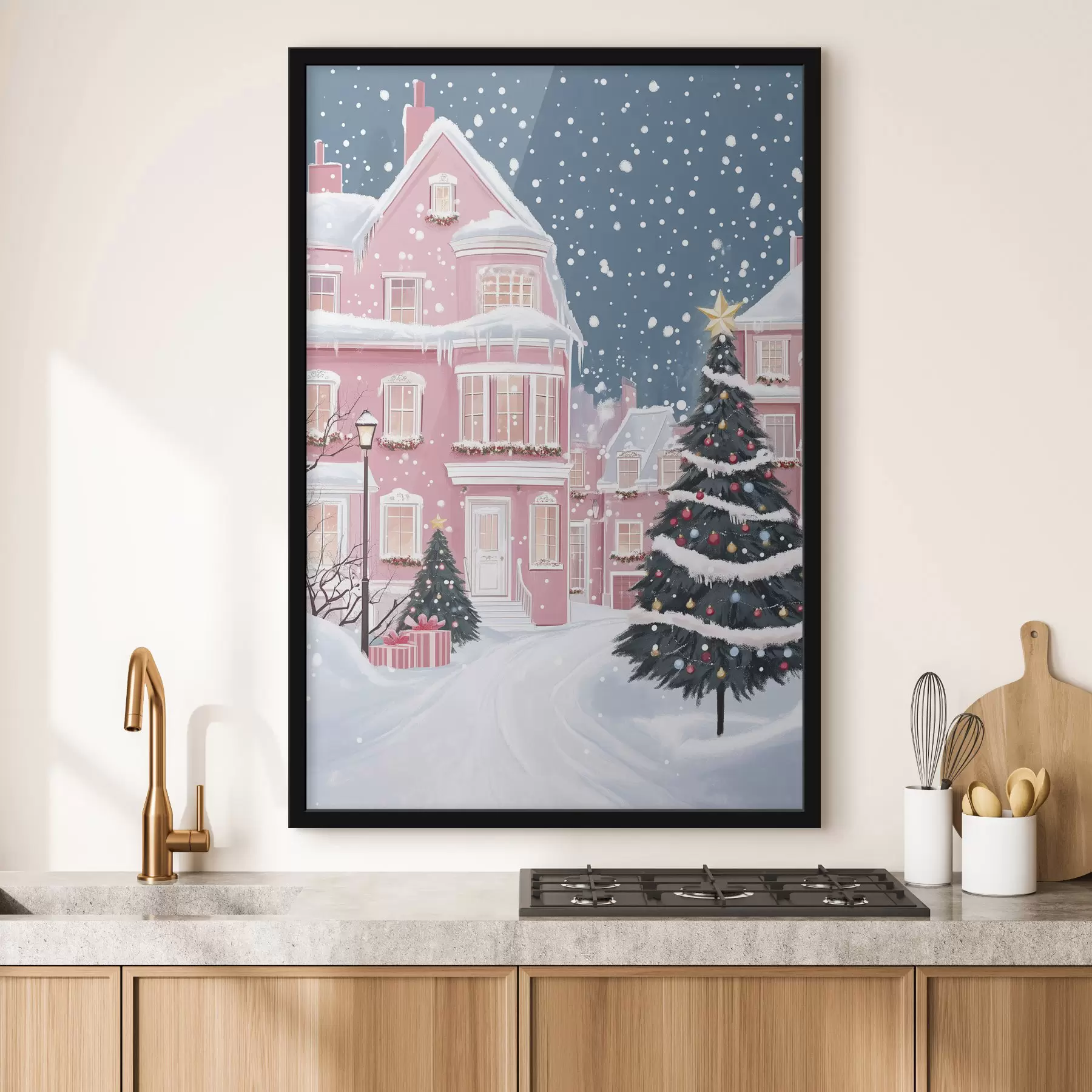 Fototapete Winterstadt mit rosa Häusern, Weihnachtsbäumen und Schneeflocken f42792