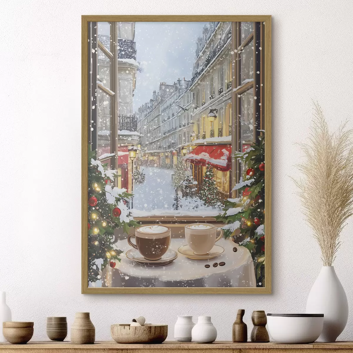 Poster Gemütliches Wintercafé, Tassen Kaffee, Acryl-Stil, alte Stadtarchitektur f42795