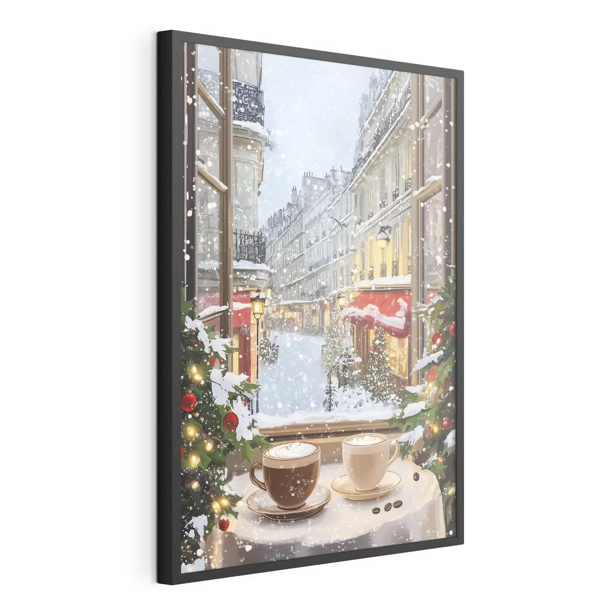 Poster Gemütliches Wintercafé, Tassen Kaffee, Acryl-Stil, alte Stadtarchitektur f42795