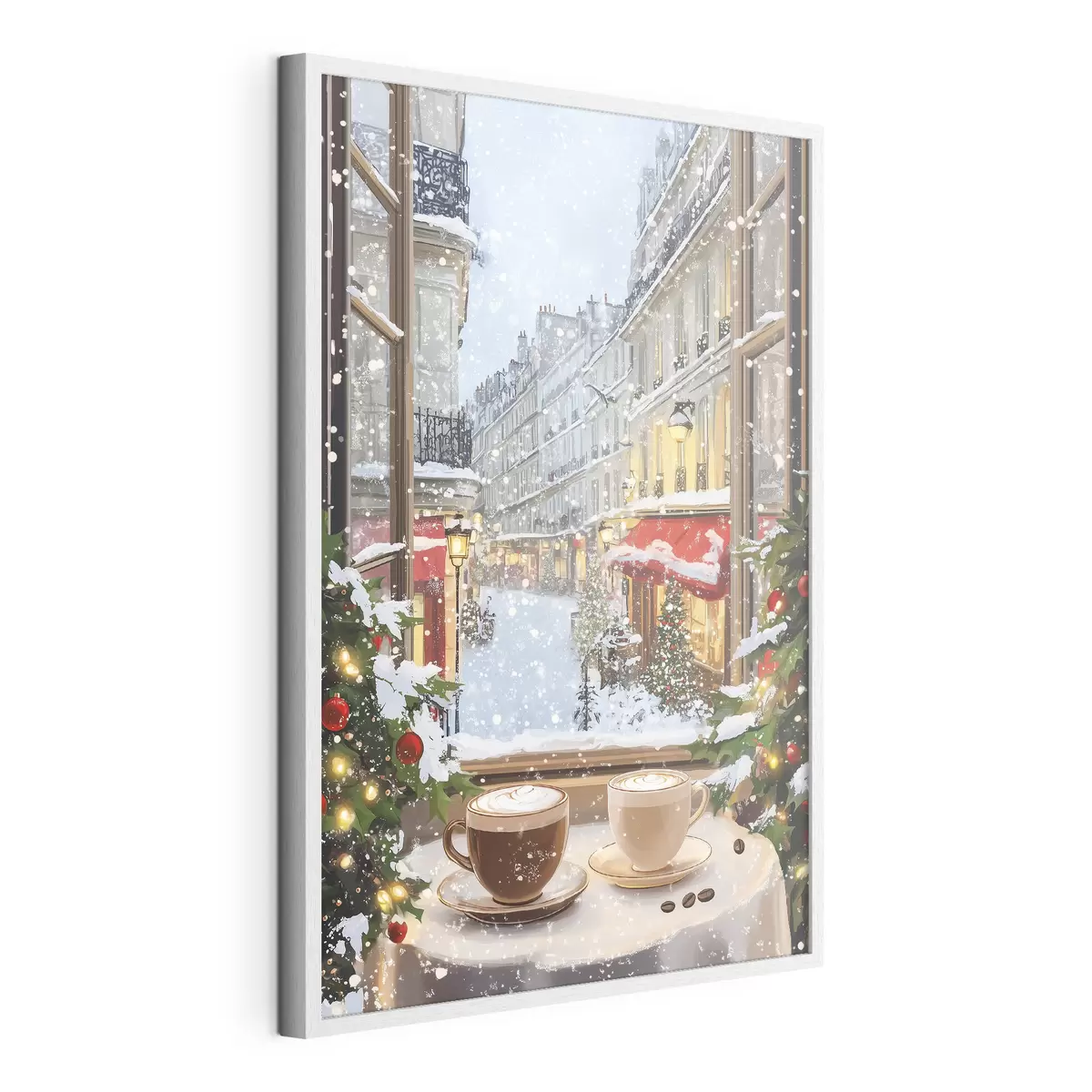 Poster Gemütliches Wintercafé, Tassen Kaffee, Acryl-Stil, alte Stadtarchitektur f42795