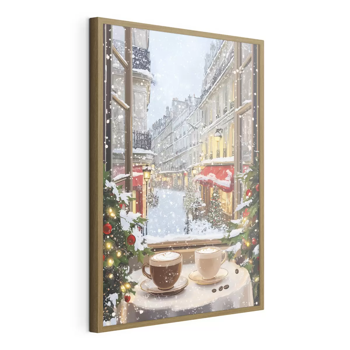 Poster Gemütliches Wintercafé, Tassen Kaffee, Acryl-Stil, alte Stadtarchitektur f42795