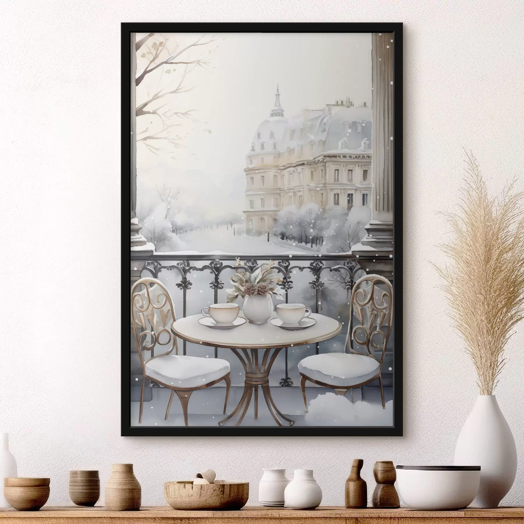 Fototapete Schönes Café, Tassen Tee, böhmischer Stil, Aquarell, Winterästhetik f42796