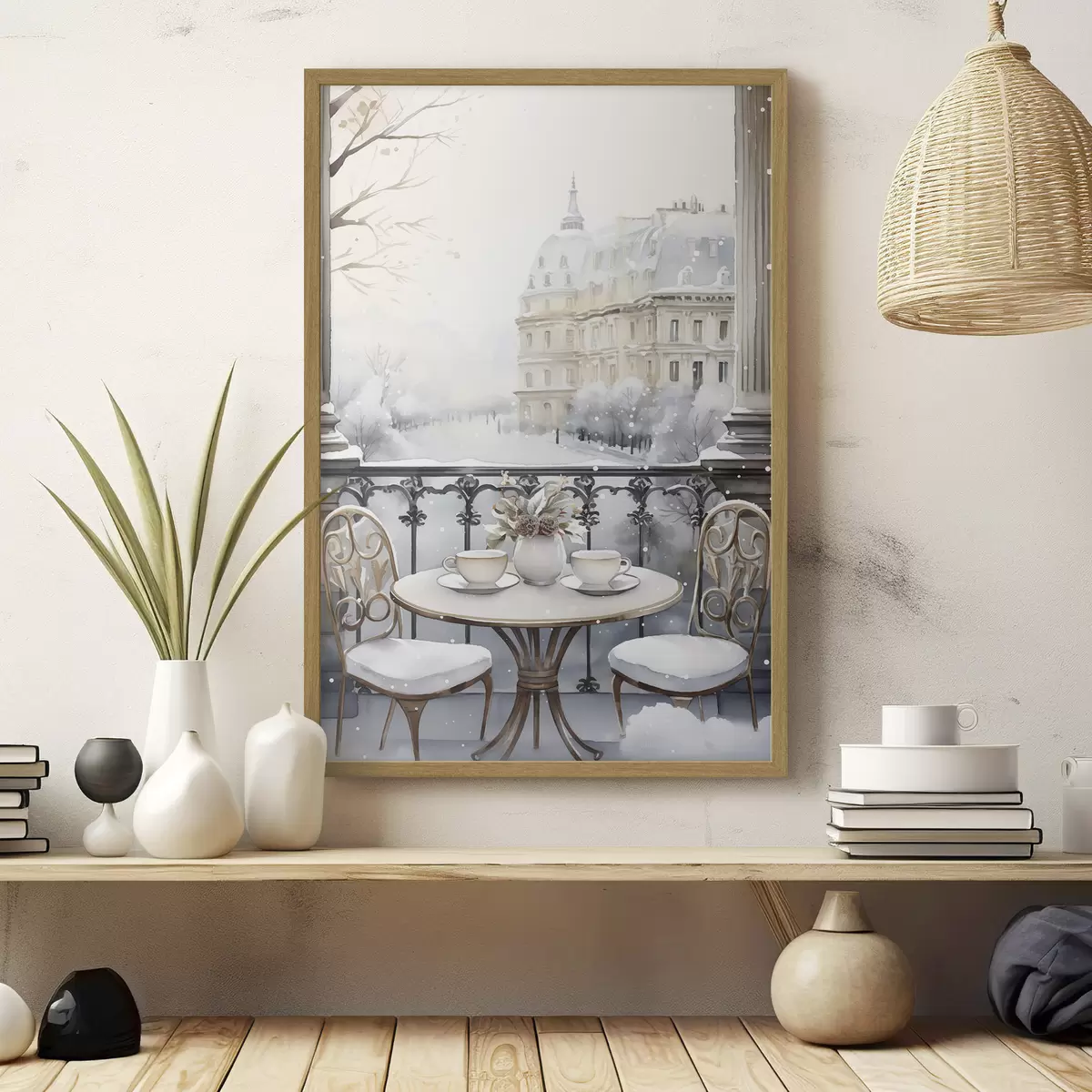 Poster Schönes Café, Tassen Tee, böhmischer Stil, Aquarell, Winterästhetik f42796