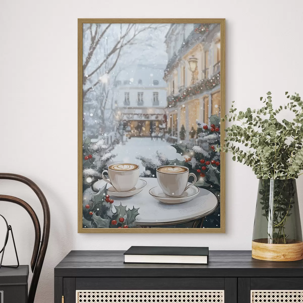 Poster Tassen Kaffee im gemütlichen Cafe, Winterästhetik, Boho-Stil f42797