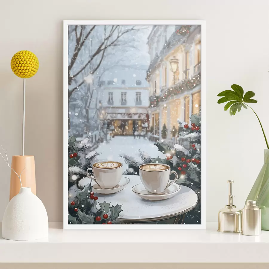 Fototapete Tassen Kaffee im gemütlichen Cafe, Winterästhetik, Boho-Stil f42797