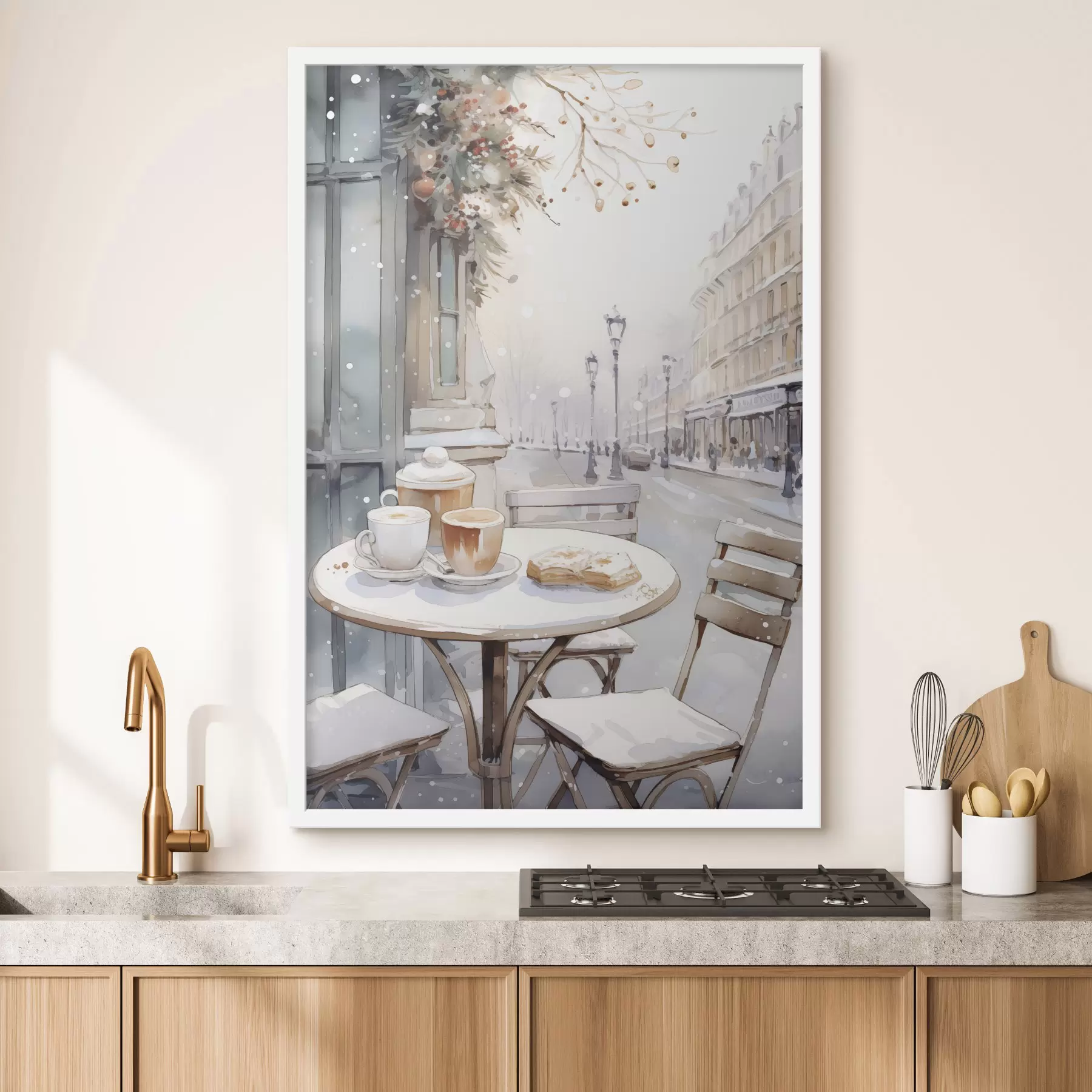 Fototapete Ästhetisches Straßencafé, Frankreich, frische Bäckerei, Zeichnung im Aquarellstil f42798