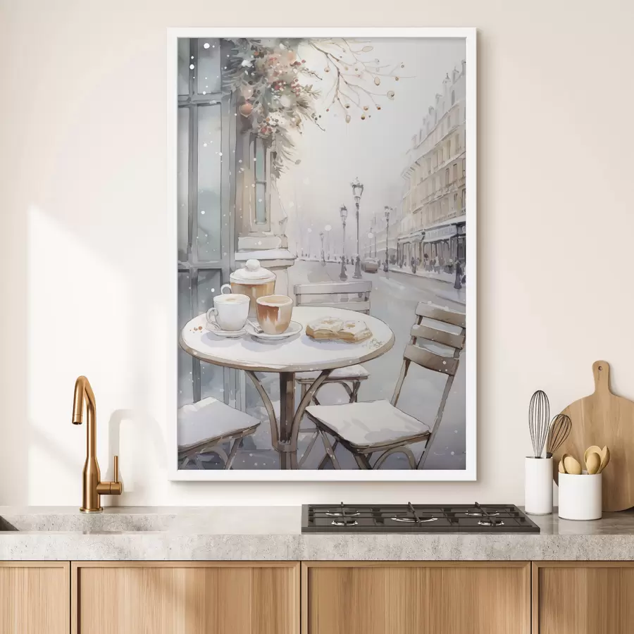 Fototapete Ästhetisches Straßencafé, Frankreich, frische Bäckerei, Zeichnung im Aquarellstil f42798