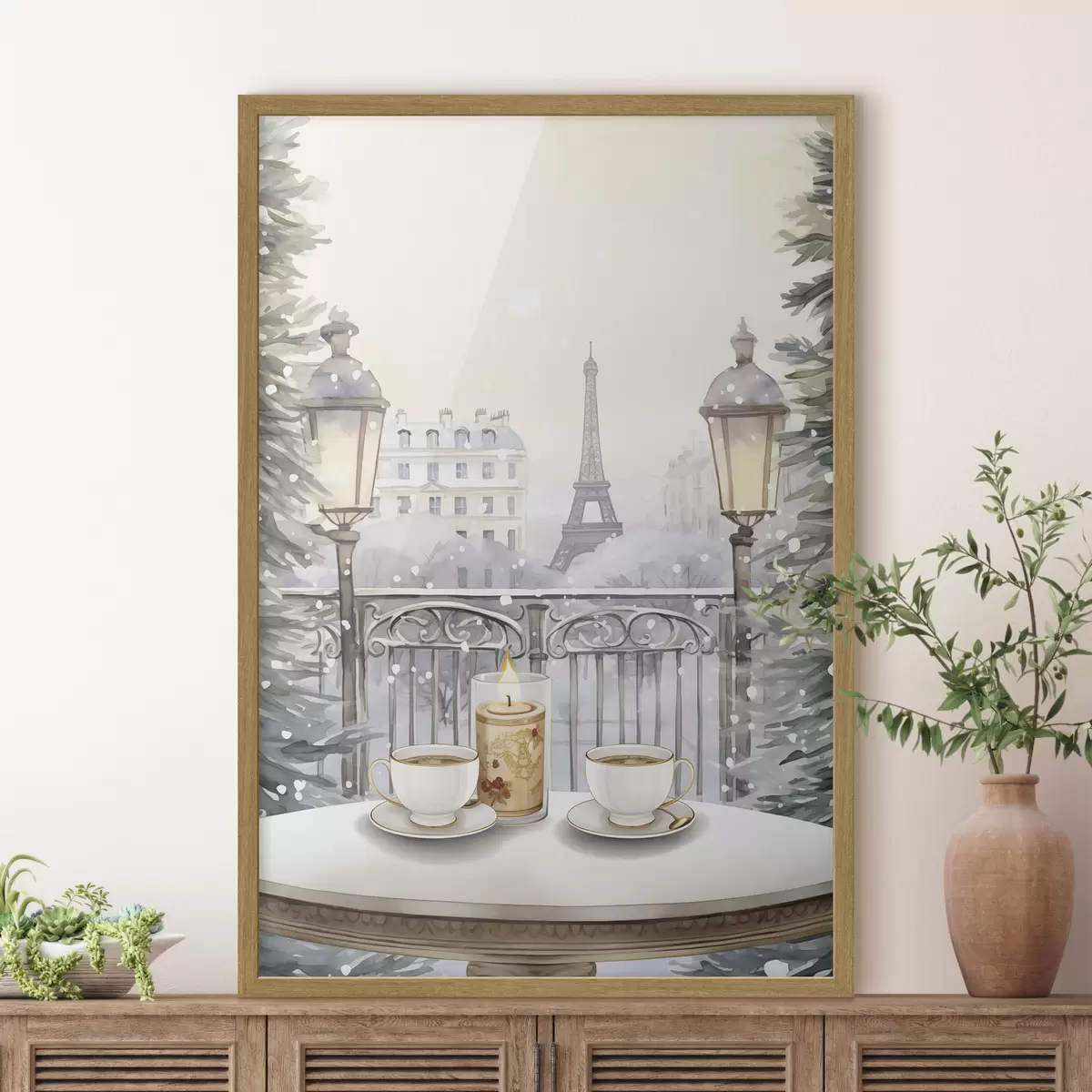 Poster Schönes Café in Paris, Teetassen, romantische Aussicht, Winter, Aquarellstil f42799