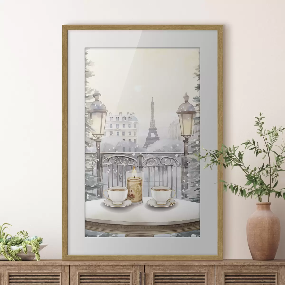 Poster Schönes Café in Paris, Teetassen, romantische Aussicht, Winter, Aquarellstil f42799