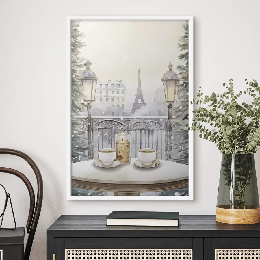 Fototapete Schönes Café in Paris, Teetassen, romantische Aussicht, Winter, Aquarellstil f42799