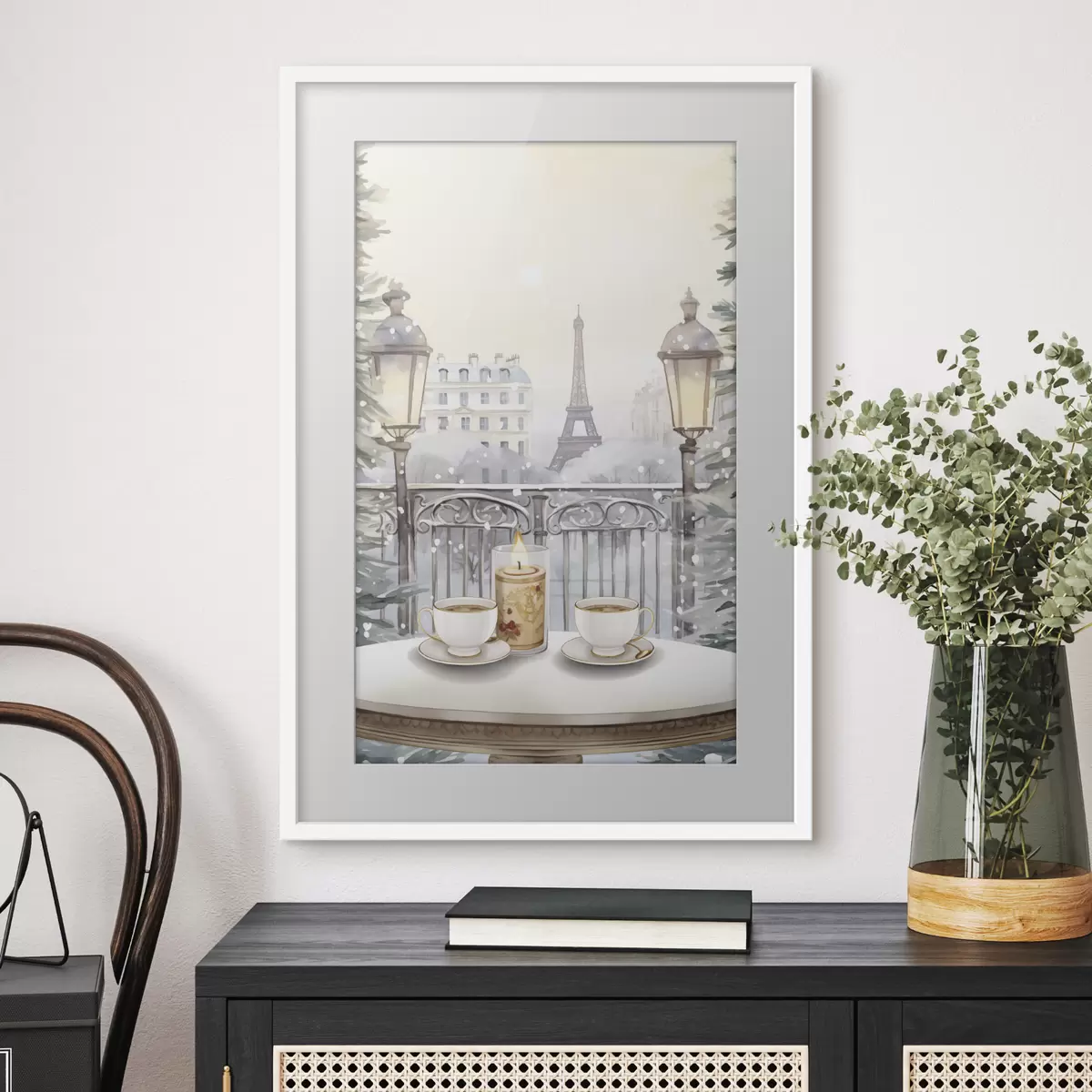 Poster Schönes Café in Paris, Teetassen, romantische Aussicht, Winter, Aquarellstil f42799