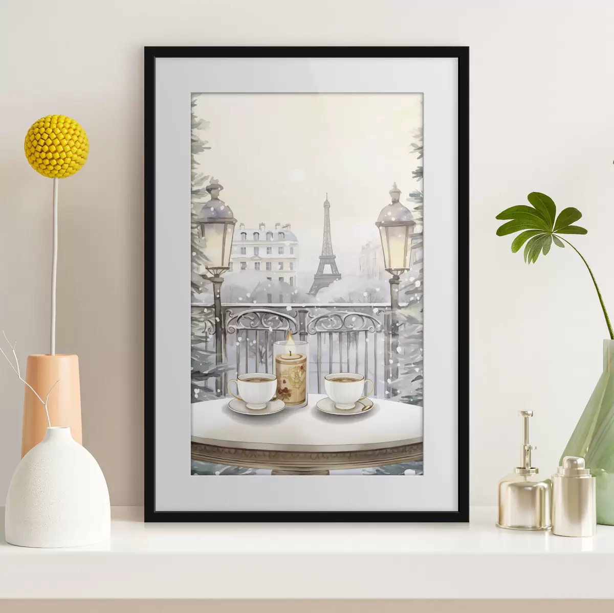 Poster Schönes Café in Paris, Teetassen, romantische Aussicht, Winter, Aquarellstil f42799