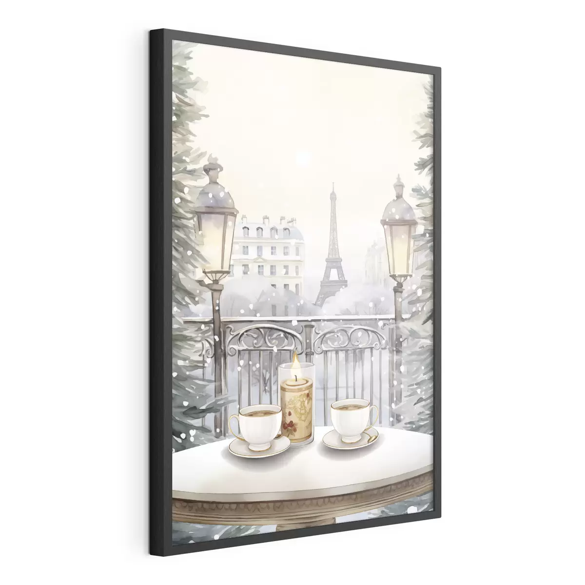Poster Schönes Café in Paris, Teetassen, romantische Aussicht, Winter, Aquarellstil f42799