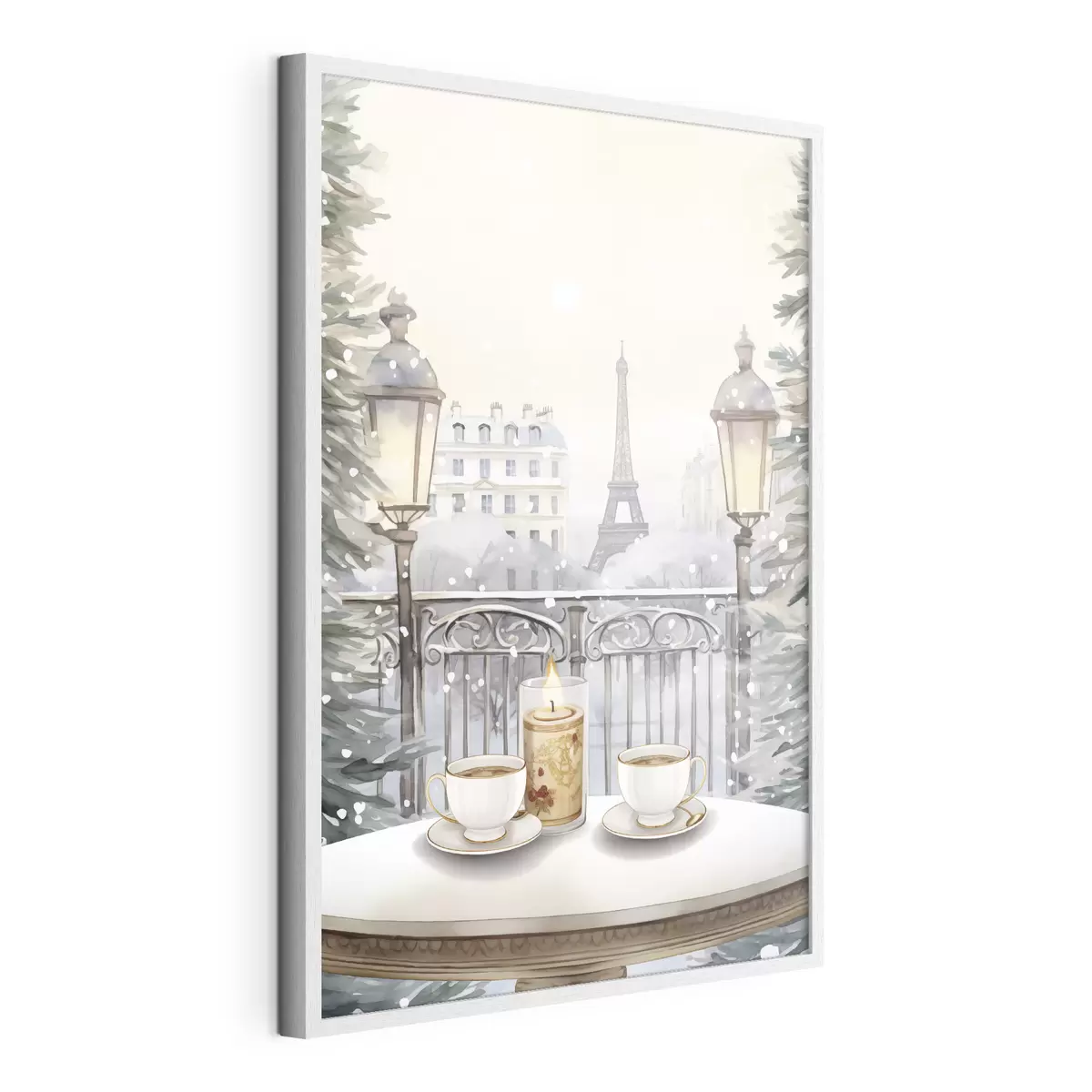 Poster Schönes Café in Paris, Teetassen, romantische Aussicht, Winter, Aquarellstil f42799