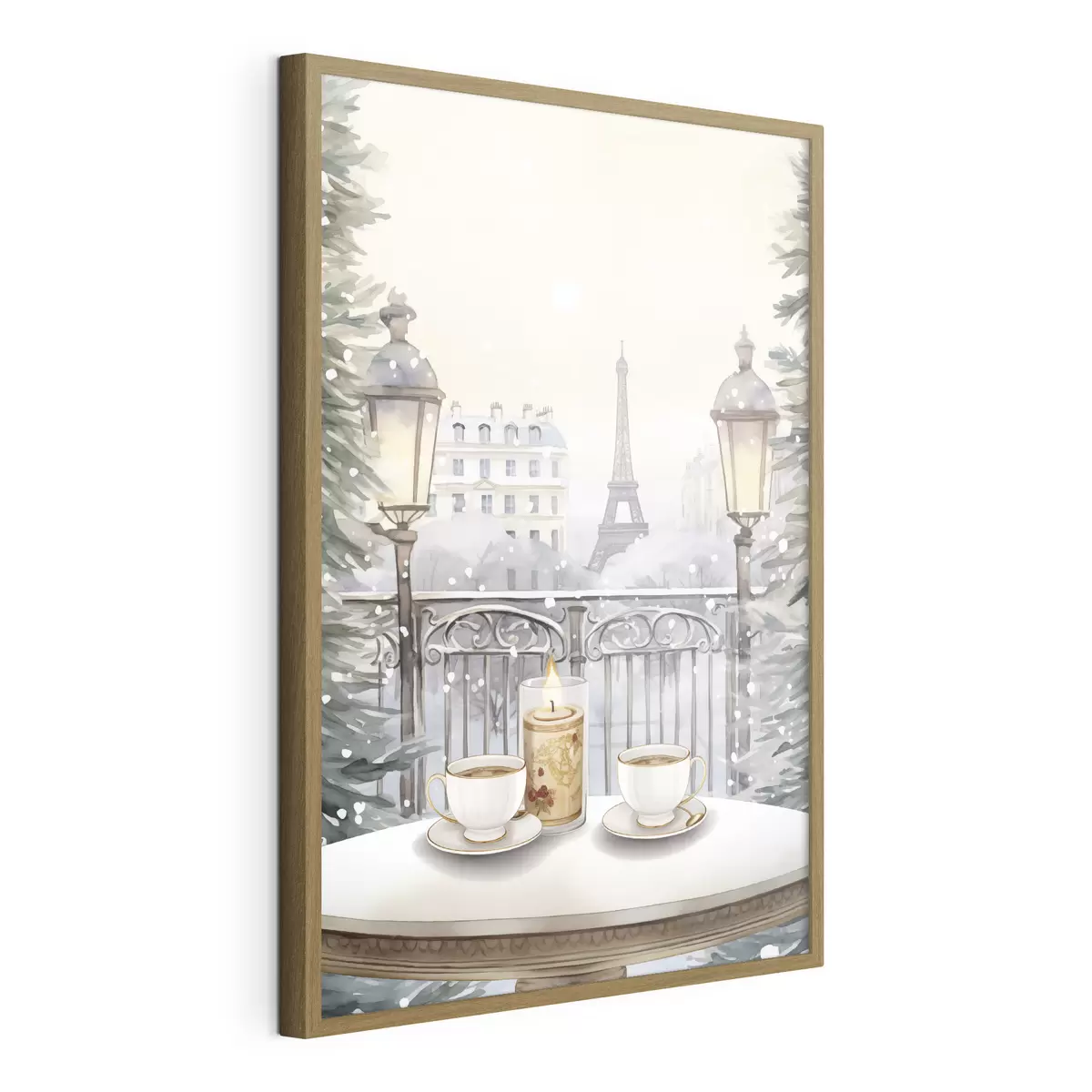 Poster Schönes Café in Paris, Teetassen, romantische Aussicht, Winter, Aquarellstil f42799