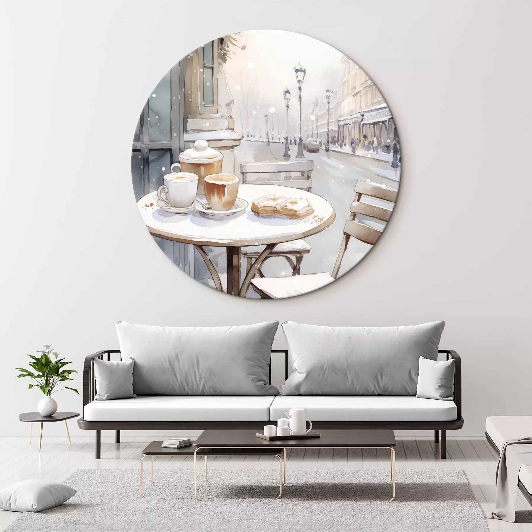 Fototapete Ästhetisches Straßencafé, Frankreich, frische Bäckerei, Zeichnung im Aquarellstil r42798