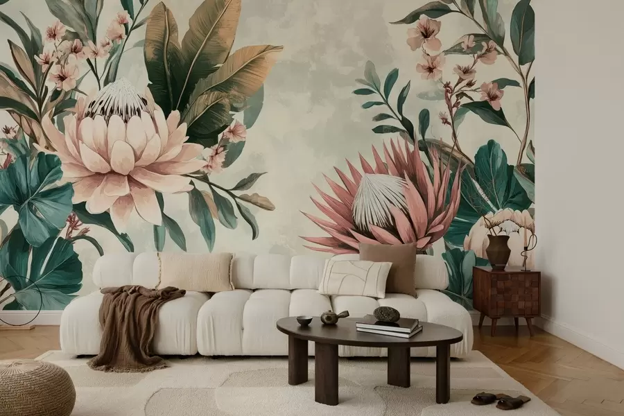 Fototapete exotische Pflanzen, Palmenblätter und Protea-Blüten, inspiriert von alten w03015