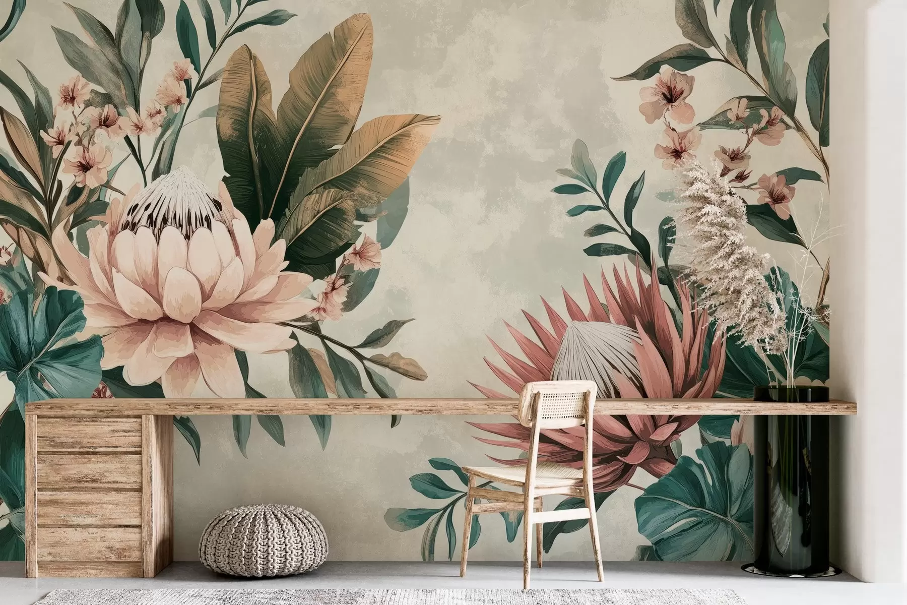 Fototapete exotische Pflanzen, Palmenblätter und Protea-Blüten, inspiriert von alten w03015