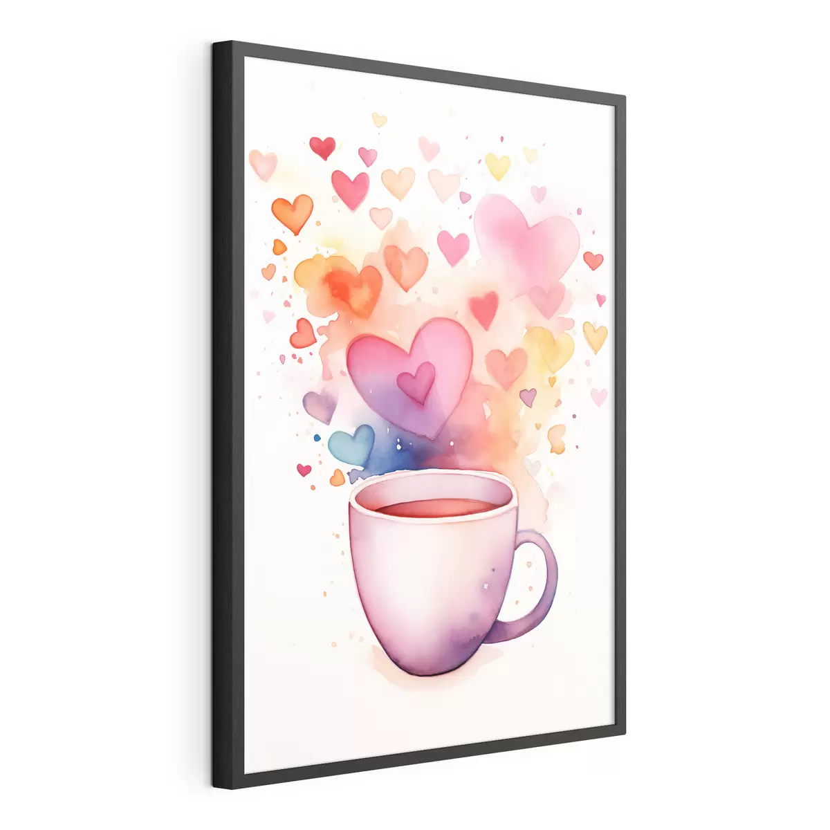 Poster Eine Tasse auf einem Hintergrund aus Aquarellherzen f42869