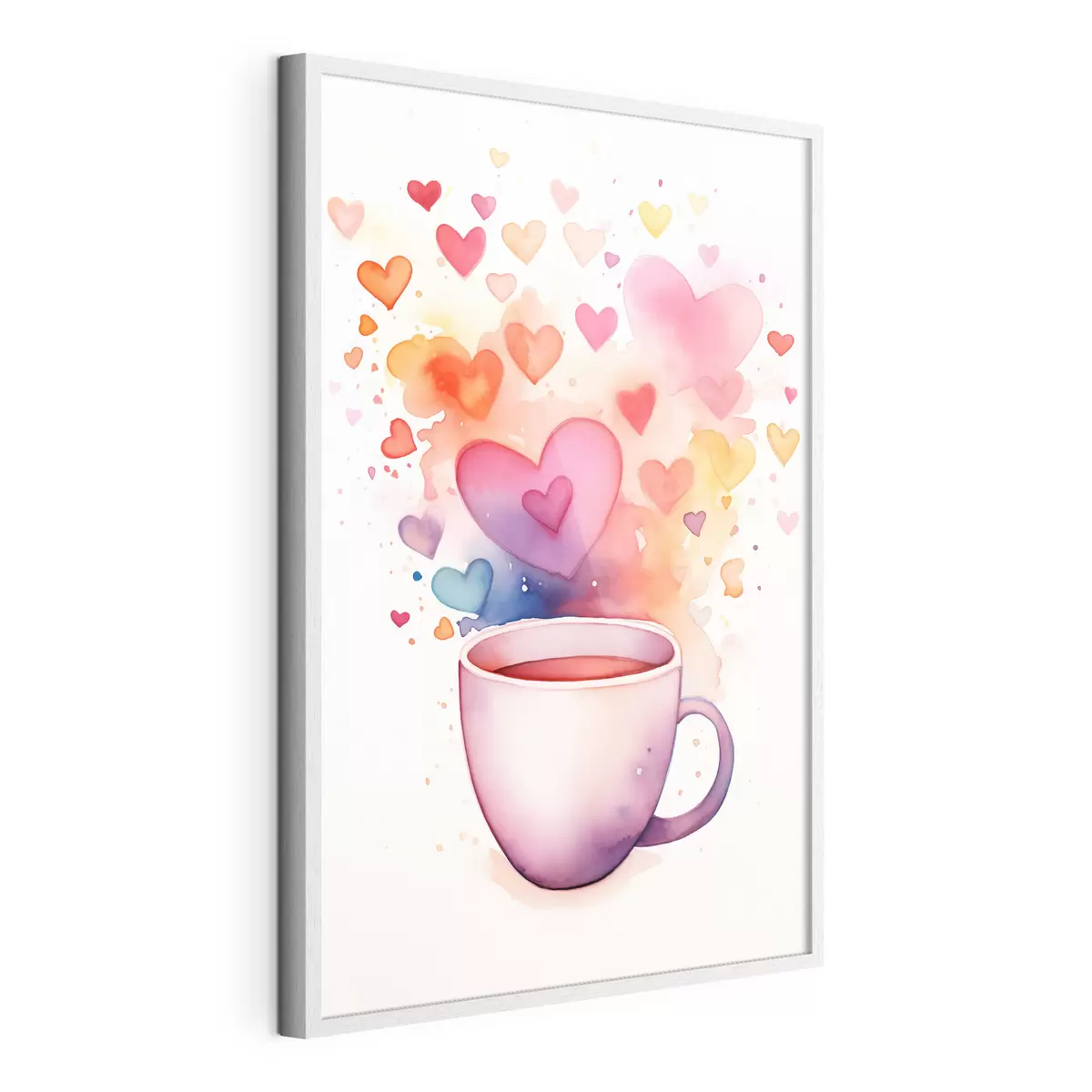 Poster Eine Tasse auf einem Hintergrund aus Aquarellherzen f42869