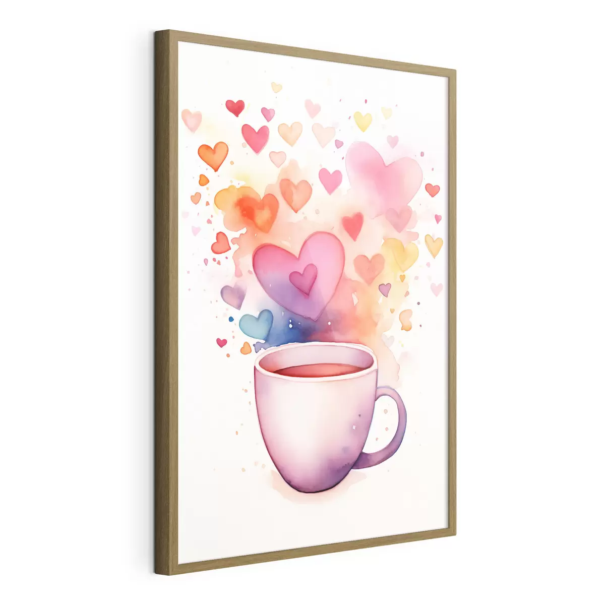 Poster Eine Tasse auf einem Hintergrund aus Aquarellherzen f42869