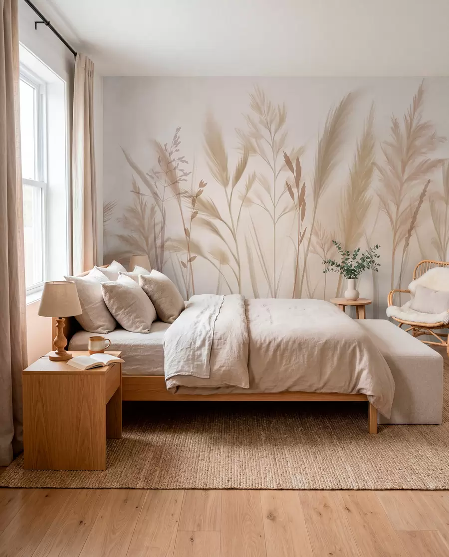 Fototapete Hohe, zarte Gräser, Ährchen und Pflanzen in sanften Beige- und Cremetönen vor einem leicht verschwommenen Hintergrund w08736