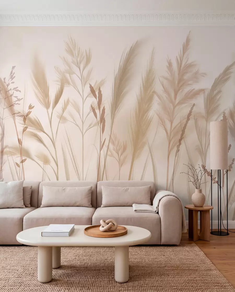 Fototapete Hohe, zarte Gräser, Ährchen und Pflanzen in sanften Beige- und Cremetönen vor einem leicht verschwommenen Hintergrund w08736