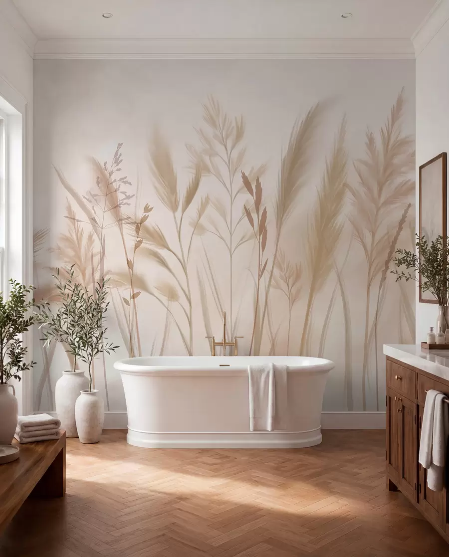 Fototapete Hohe, zarte Gräser, Ährchen und Pflanzen in sanften Beige- und Cremetönen vor einem leicht verschwommenen Hintergrund w08736
