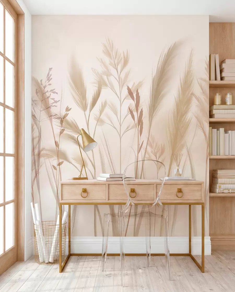 Fototapete Hohe, zarte Gräser, Ährchen und Pflanzen in sanften Beige- und Cremetönen vor einem leicht verschwommenen Hintergrund w08736