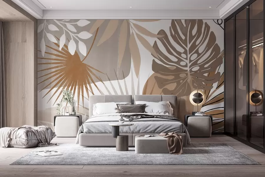 Fototapete Abstraktes Design mit verschiedenen tropischen Blättern und in Erdtönen von Braun, Beige und Creme  w08738