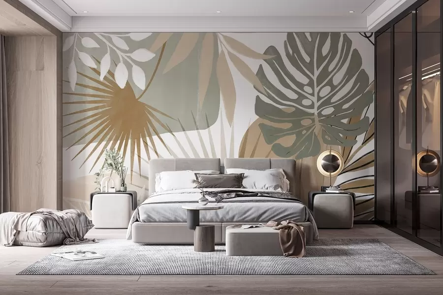 Fototapete Abstraktes Design mit verschiedenen tropischen Blättern und in erdigen Grün-, Beige- und Cremetönen  w08738v1