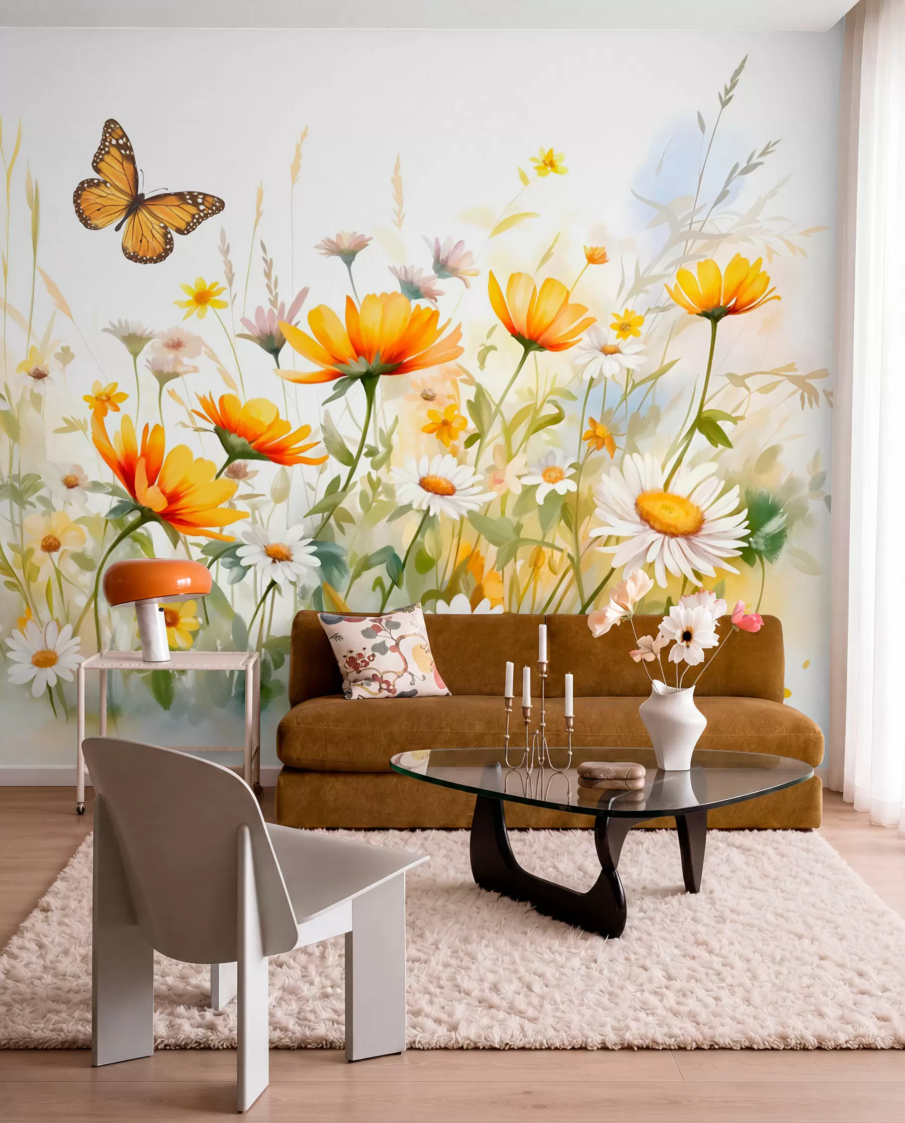 Fototapete Ein leuchtendes, aquarellartiges Blumenfeld mit orangefarbenen und gelben Blüten und einem Schmetterling über den Blüten w08739
