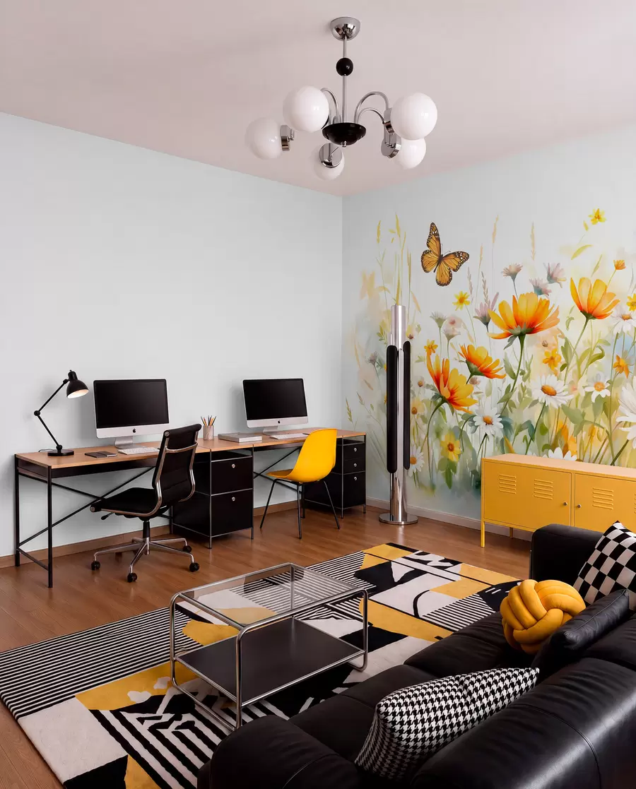 Fototapete Ein leuchtendes, aquarellartiges Blumenfeld mit orangefarbenen und gelben Blüten und einem Schmetterling über den Blüten w08739